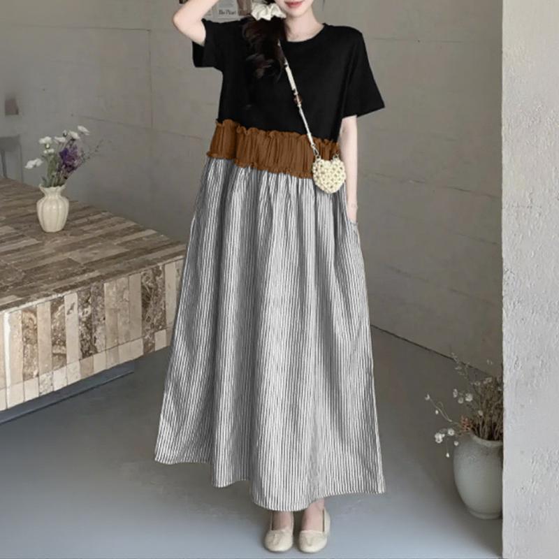 ZANZEA Rochie Casual Femei cu Gât Rotund, Mânecă Scurtă, Imbinare cu Dungi, Largă