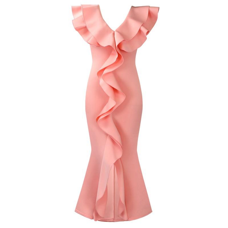 

European American Fashionable Women s Clothing Summer Dress Pure Color V-neck Flounce Split Fish Tail Skirt Long XXL рожевий