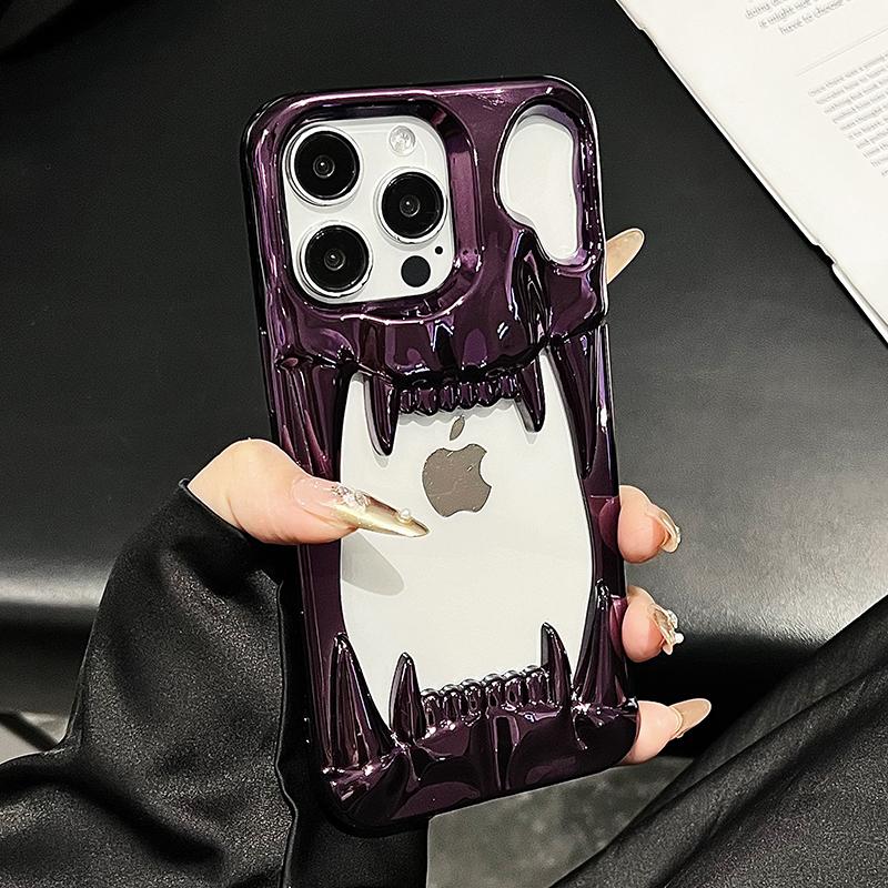 3D Tiger Tooth Hollow Dissipate Heat Phone Case For iPhone 17 16 15 Plus 14 13 12 11 Pro Max 16e Metal Purple Soft Cover