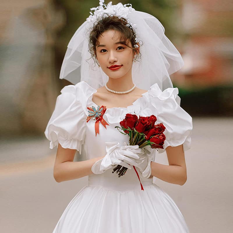 White Wedding Perfect for and Empire Puff Elegant Formal Dress R-QINYUER Women's Dress, Weddings, Bridal, Parties, Knee-Length, Line, Sleeves, (XXL)