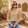 Women's Corduroy V-Neck Long Sleeve Button Front Blouse with Puff Sleeves, Ruffle Trim and Loose Fit