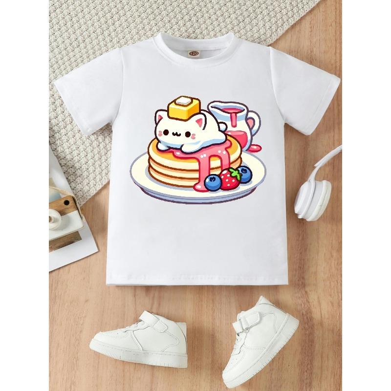 European Sizes Round-Neck T-shirt with Cute Kitten Print On Muffin Plate | Casual Knit Top, Medium Stretch Fabric, Perfect Gift for Little Ones