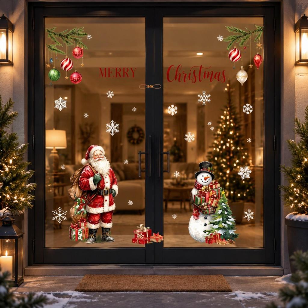 2 Pieces Glass Door Decals Festive Holiday Window Decoration with Santa and Snowman LowProfile