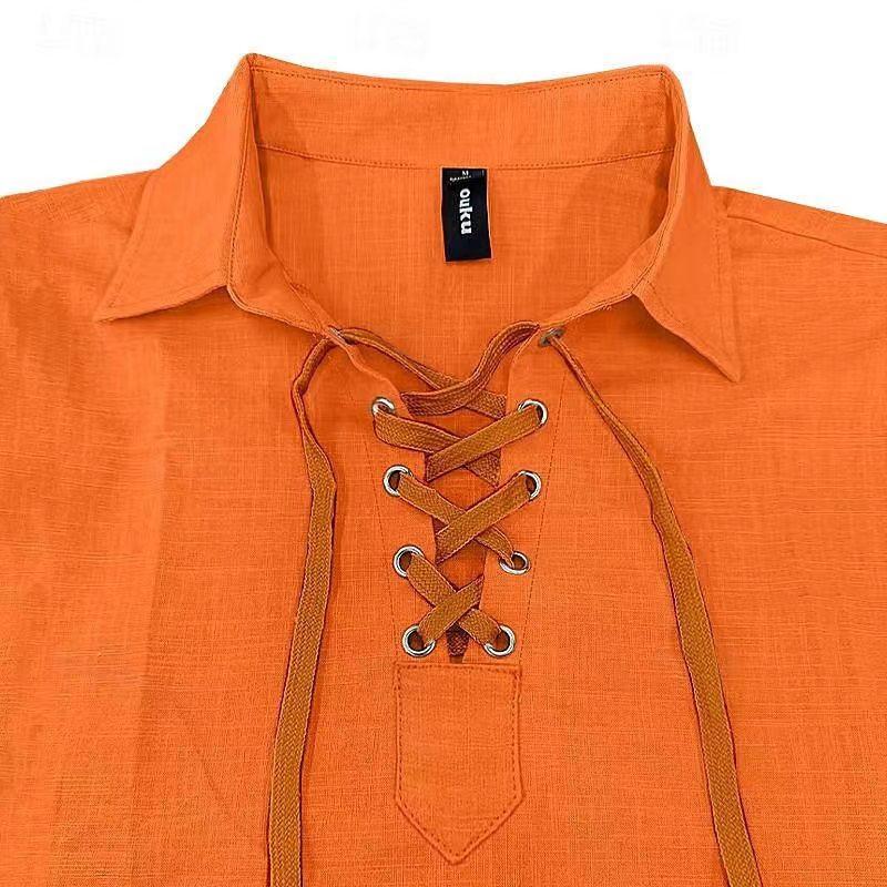 Men's Linen Shirts Long and Short Sleeved Lace Up V Neck Casual Blouse Spring Summer Thin Front Tees Tops Breathable Men Clothing