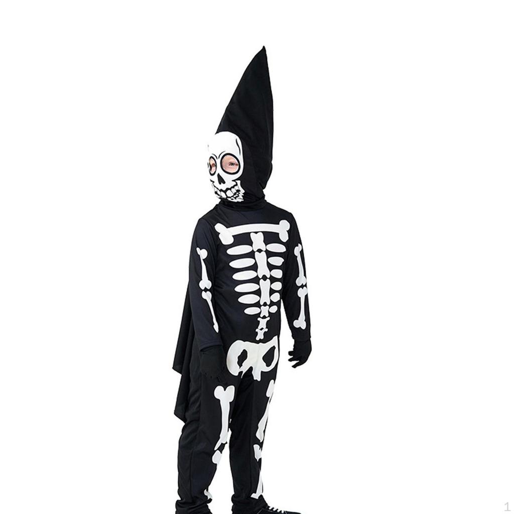 Halloween Skeleton Jumpsuit Kids Costume Cosplay Pajama with Gloves Scary Skull Outfit for