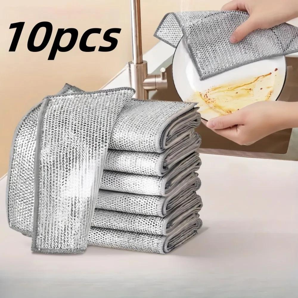 10PCS Double-layer Steel Wire Cloth Washing Dishes Pots Removing Oil Stains Durable Thick Metal Wire for Kitchen Cleaning Cloth