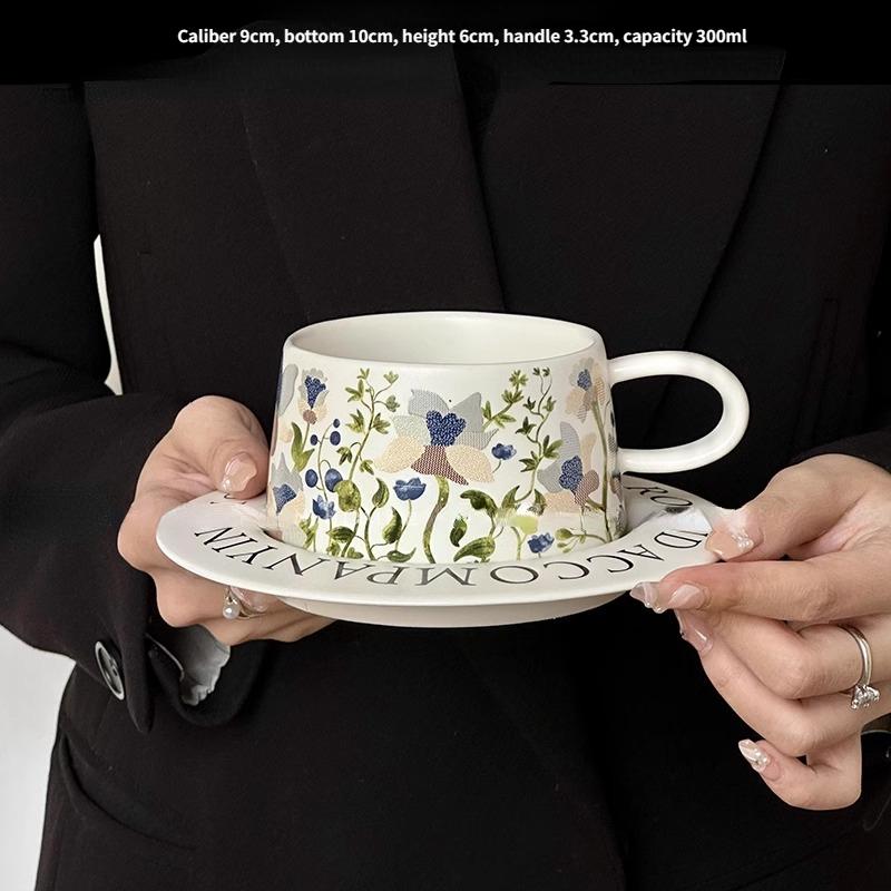 Retro Watercolor Art Style, Fashionable Home Ceramic Coffee Cup and Plate Set