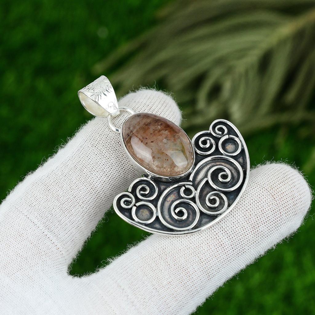 Sterling Silver Oval Natural Elestial Quartz Daughter Bezel Boho Pendant Jewelry