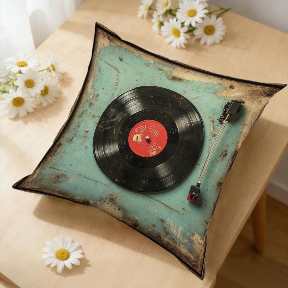 1Pc Vintage Retro Vinyl Record Player Cushion Cover Teal Blue Distressed Texture Pillowcase For Living Room Sofa Bed Decorative