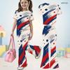 Girls Beige Printed Round Neck Short Sleeve Top And Flared Pants Two Piece Set