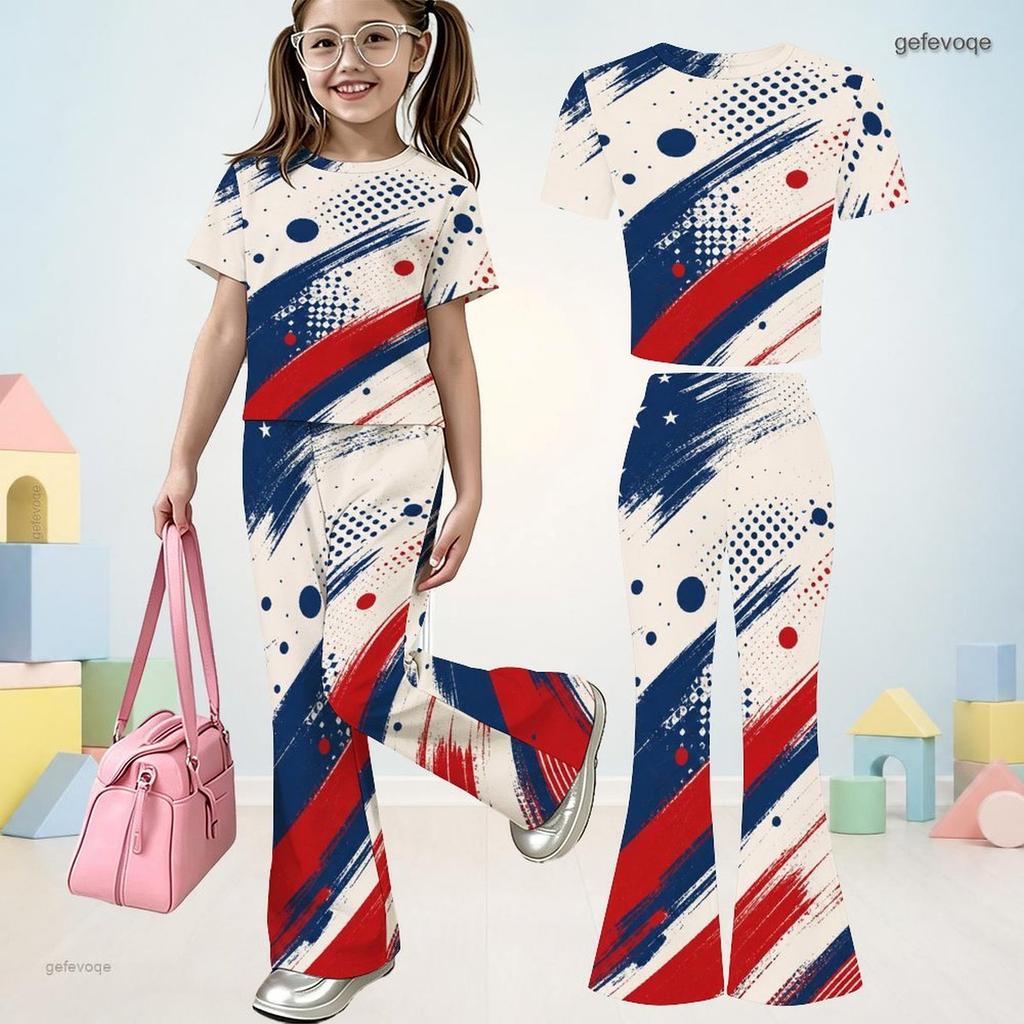 Girls Beige Printed Round Neck Short Sleeve Top And Flared Pants Two Piece Set