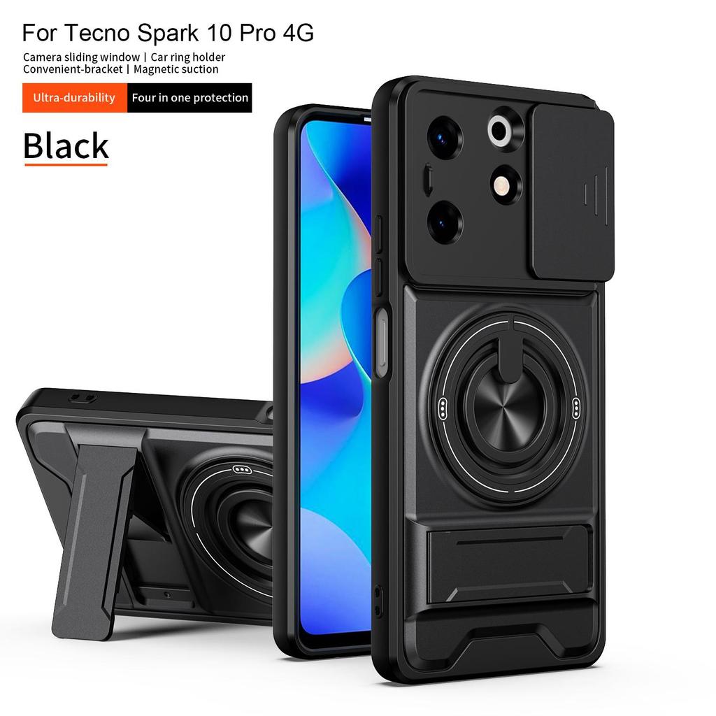 Slide Camera Cover Compatible for Tecno Spark 10 Pro 4G Case With Built-in Ring Stand and Folding Stand