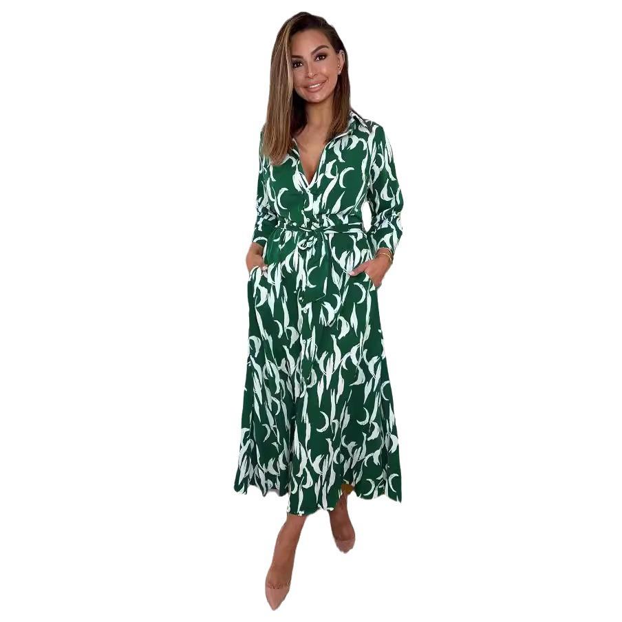 Eaby Ladies Summer Print Nine-quarter Sleeve Shirt Skirt Collar Long Dress