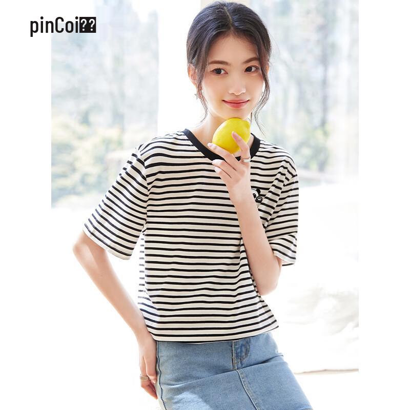 Pincai Women s Panda Embroidered Striped T-shirt M