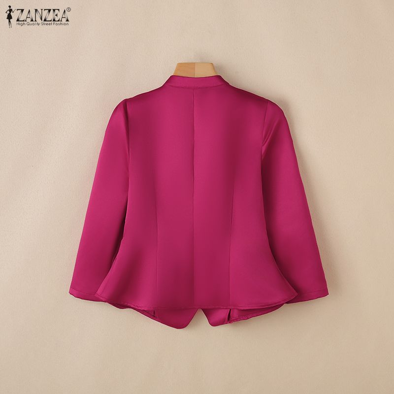 ZANZEA Damen Casual V-Ausschnitt Einfarbig 3/4-Ärmel Satinbluse