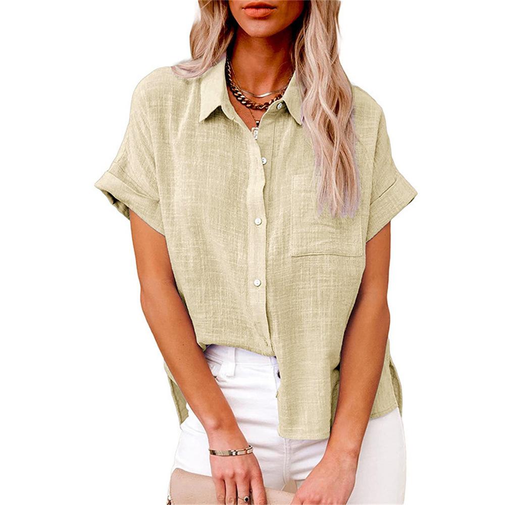 Summer Plain Button Down Turn Down Collar Women's Solid Cotton Short Sleeve Blouse Shirts