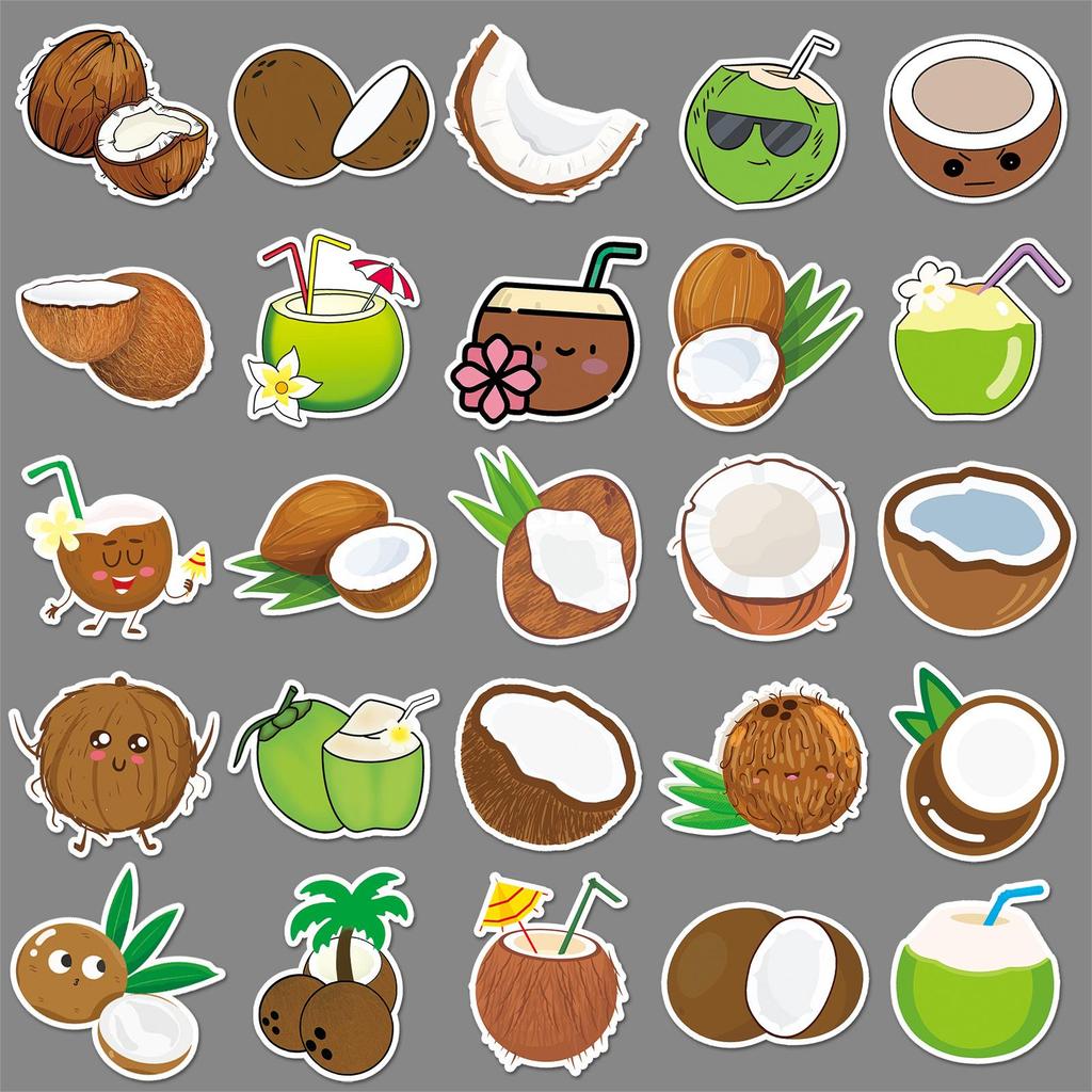 50 Coconut Cartoon Fruit Stickers - Creative, Fresh, Decorative & Waterproof for Phone Cases & Luggage