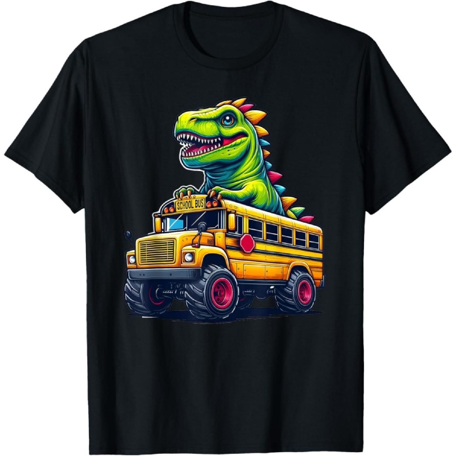 Dinosaur T-rex On Monster Truck School Bus Driver Graphic T-Shirt S