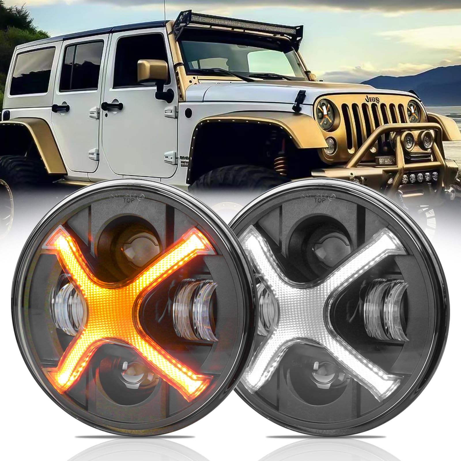 

Светодиодные фары Motikvans Wrangler с указателями поворота и ДХО, совместимые с Wrangler Toyota FJ и Hummer, комплект из 2 круглых фар для техосмотра