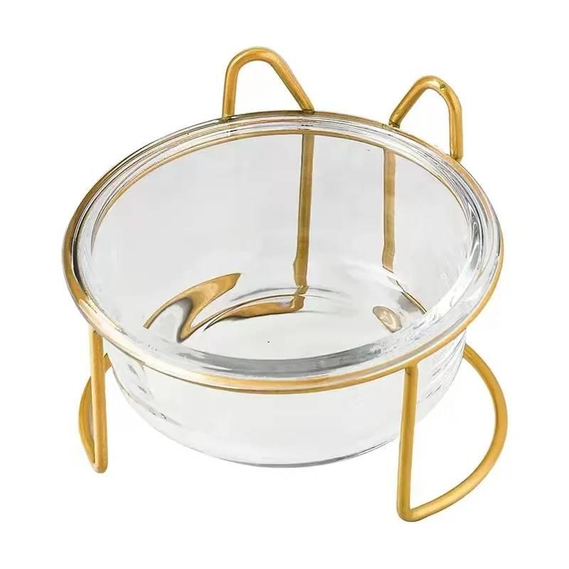 Glass Cat Dog Bowl Puppy Food Bowl With Iron Frame Gold Stand Raised Water Feeder Bowl Pet Supplies Accessories