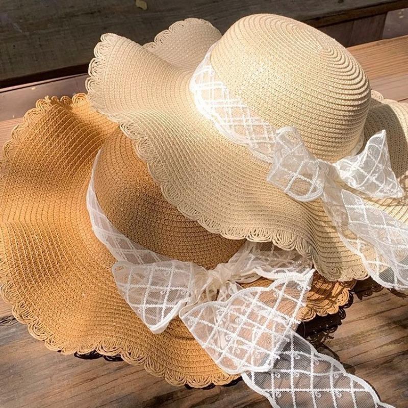 Hat summer women summer bow lace straw hat seaside versatile atmosphere sun protection sun hat straw sun hat