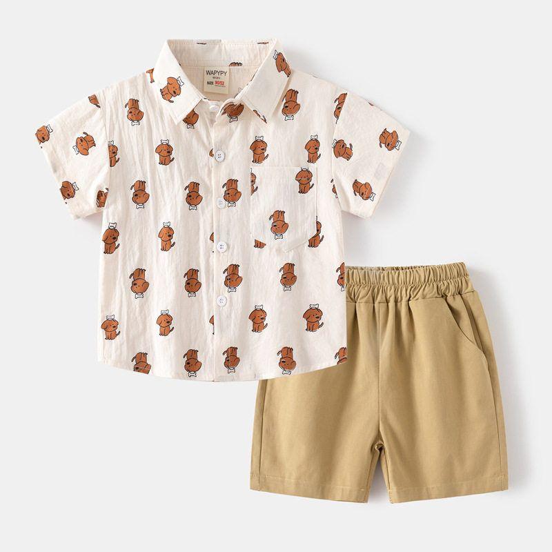 Children's Clothing Summer Boys' Bear Lapel Shirt Baby Polo Shirt Short Sleeve Shorts Suit Children's Shirt Cropped Pants