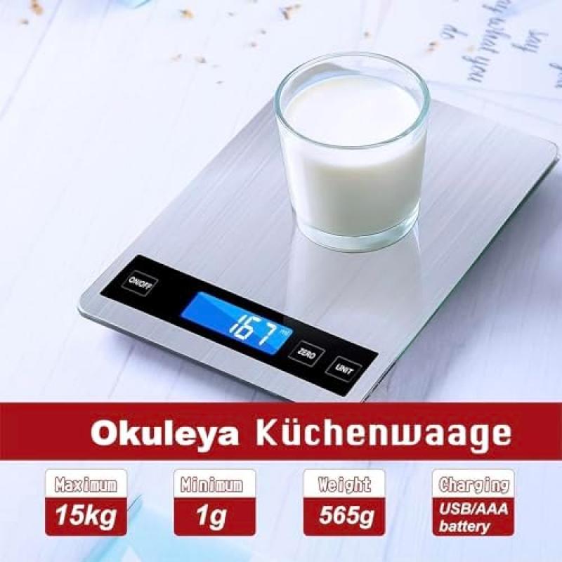 Digital köksvåg 15 kg kapacitet med 1 g precision, multi-enhetsomvandling (g/kg/lb:oz/ml/fl oz), TYPEC Laddningsbar, Hushållsbakning Matvåg