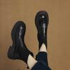 Krazing Pot Sheepskin Winter Round Toe Chunky Heels Fashion Motorcycle Boots Women Slip on Kniting Platform Ankle Boots