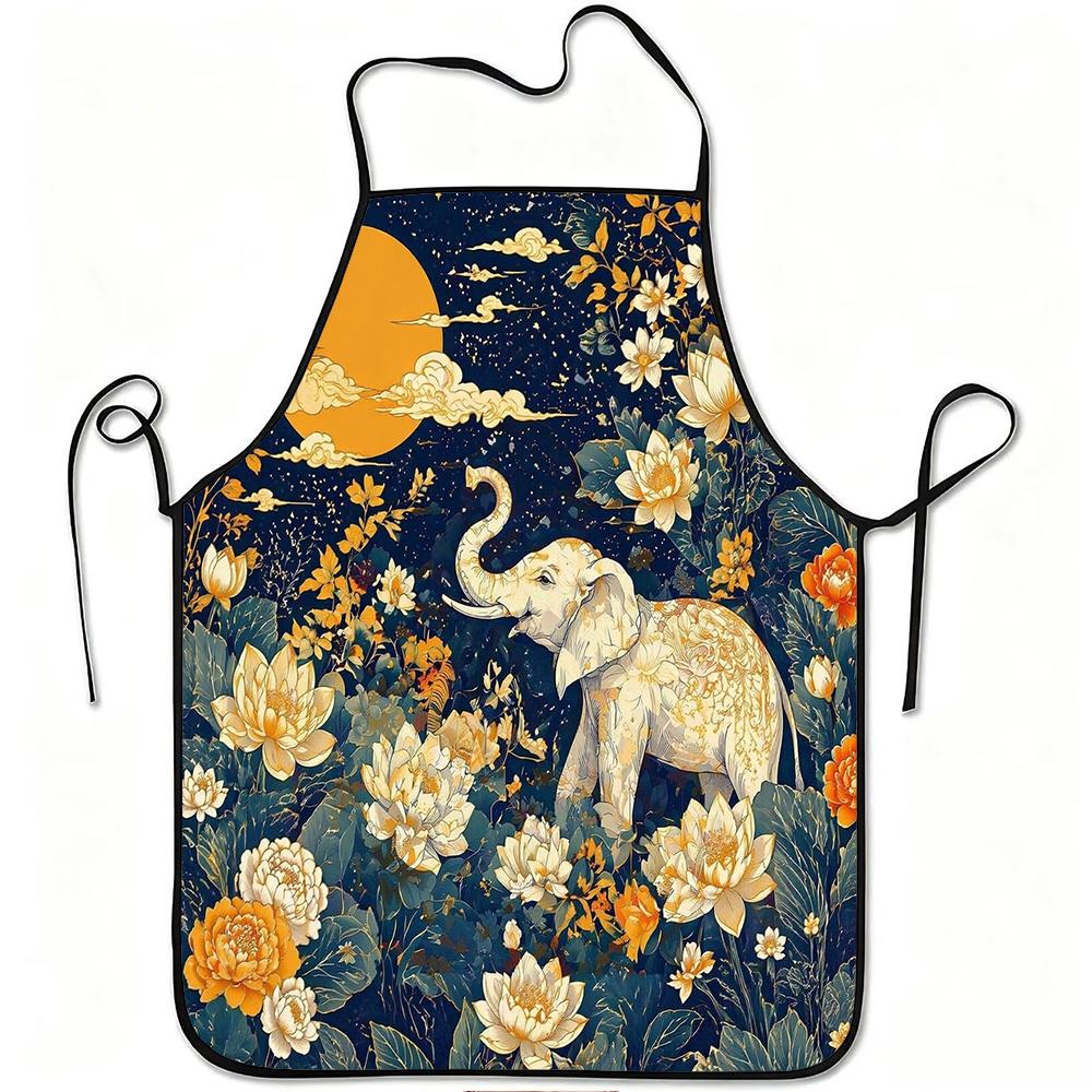 1pc Elephant & for Lotus Apron with Elephant for Lotus Moon Art Print - Adjustable Waistband, Durable Easy-Clean Polyester Suitable for Cooking, Garde