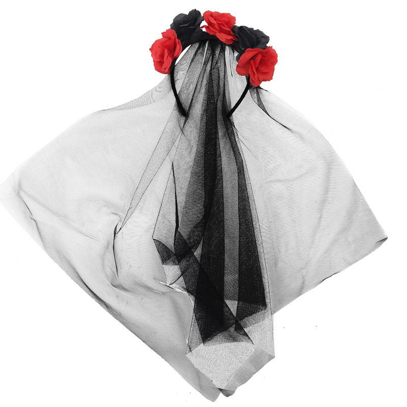 Gothic Black Lace Rose Floral Headband Halloween Skull Flower Headpiece Day of the Dead Hair Accessories