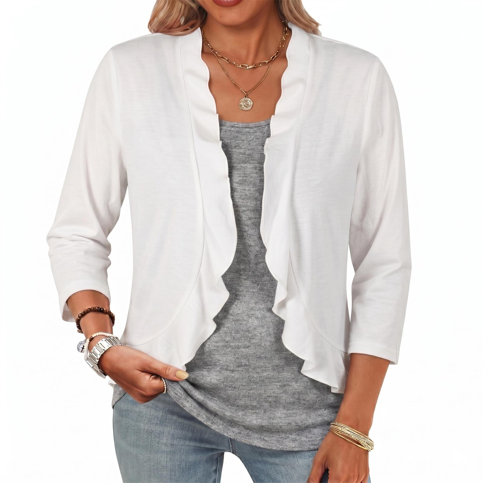 

Loose Fit Knit Cardigan Women Open Front Lightweight Air Conditioning Sweater 3/4 Sleeve Irregular Hem Ruffle Edge Casual Layering Top M білий
