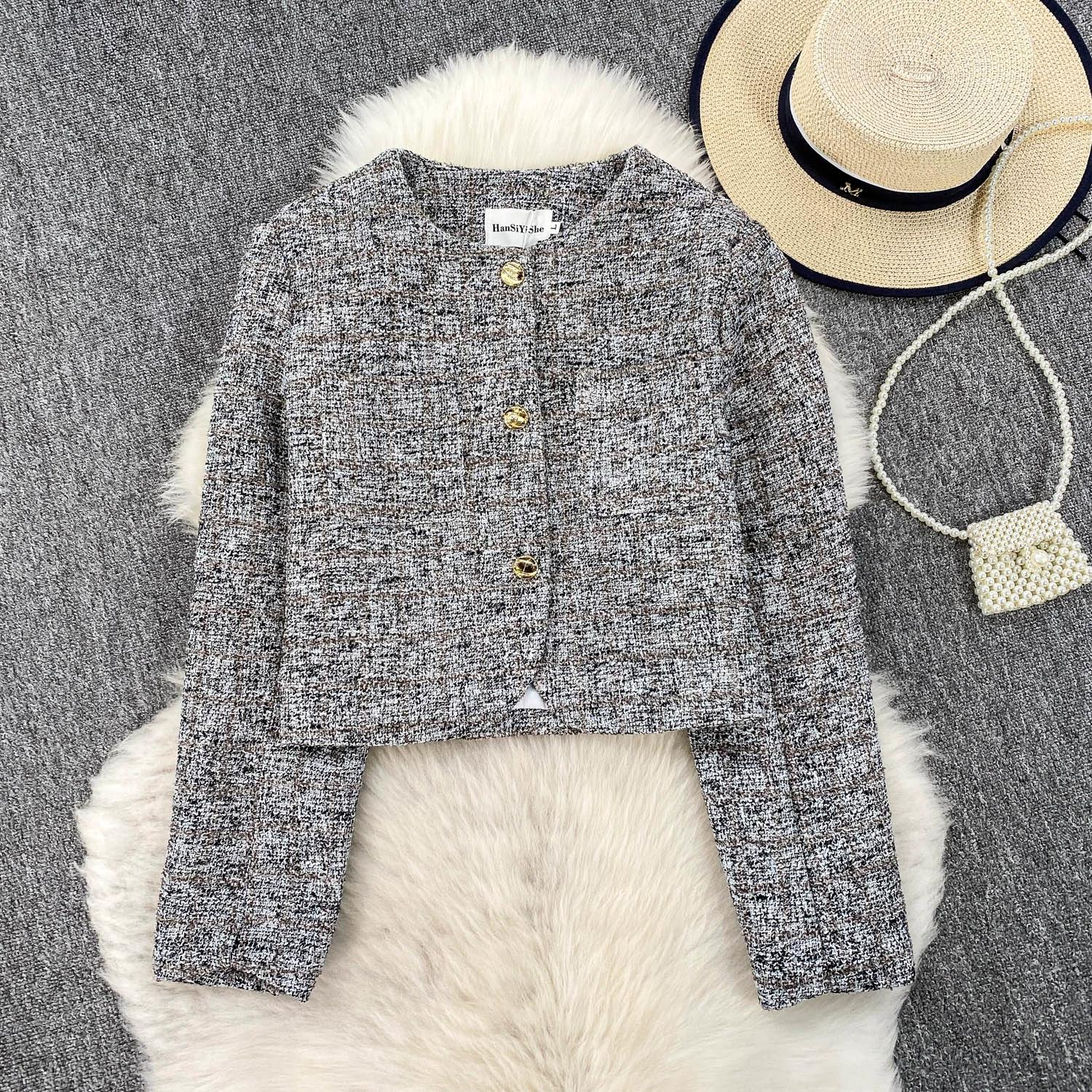 

Осень Зима Женский Элегантный Маленький Ароматный Ветер Полный Рукав Однобортный Твидовый Короткий Пиджак Пальто С Карманом L серый