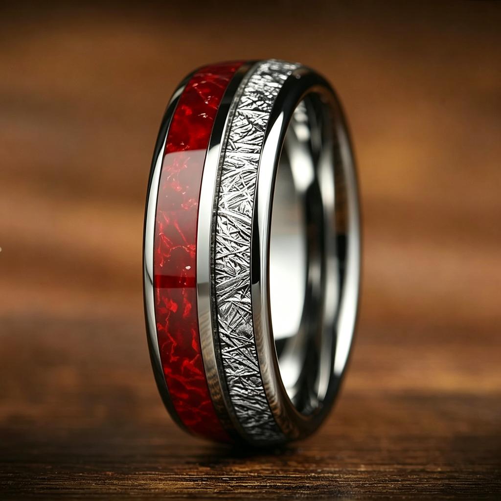 Luxury Red Opal & Meteorite Inlay Rings for Men Women, Fashion 8mm CopperColor Men Stainless Steel Rings, Wedding Band Jewelry