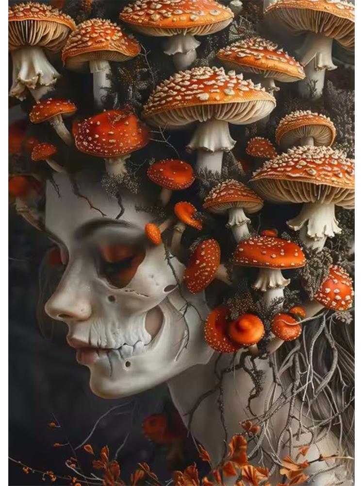 Halloween Terror Mushrooms Skeleton Ghost In Dark Forest Rhinestone Embroidery Vintage Wall Art Woodland Art Home Decor 5D DIY