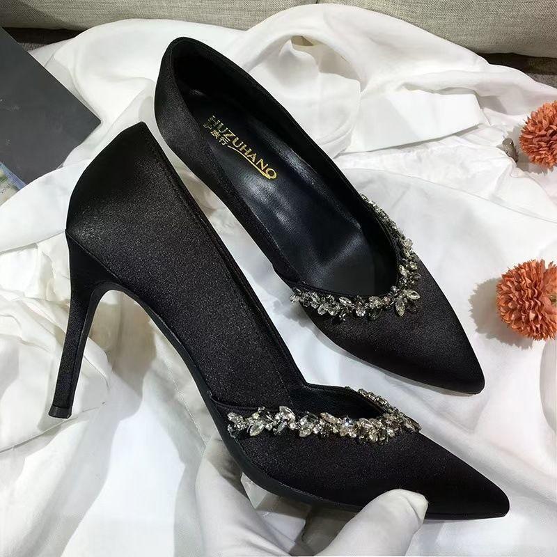 Light Mouth Black Single Shoes New Celebrity Temperament Dress Rhinestone High Heels Women's Banquet Pointed Stiletto