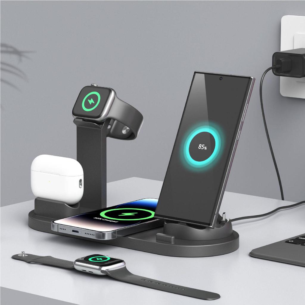 Six-in-One Wireless Charger for Apple Phones, Earphones, and Watch