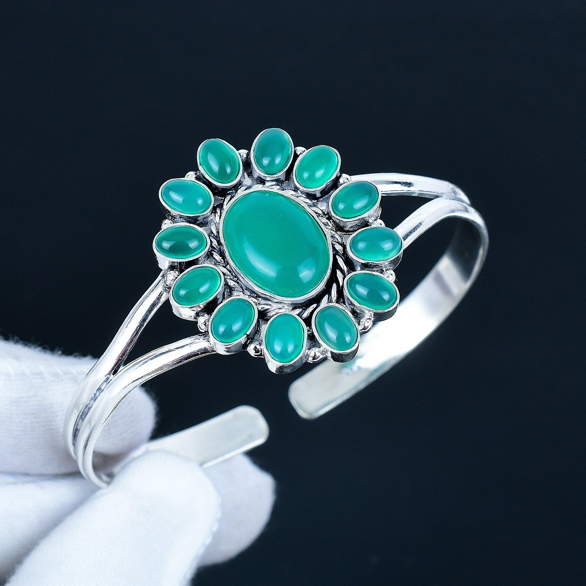 

Натуральный зеленый оникс драгоценный камень ручной работы браслет-манжета из стерлингового серебра 925 пробы, браслет в форме цветка из зеленого оникса для жены, унисекс браслет, подарок 7 зелёный