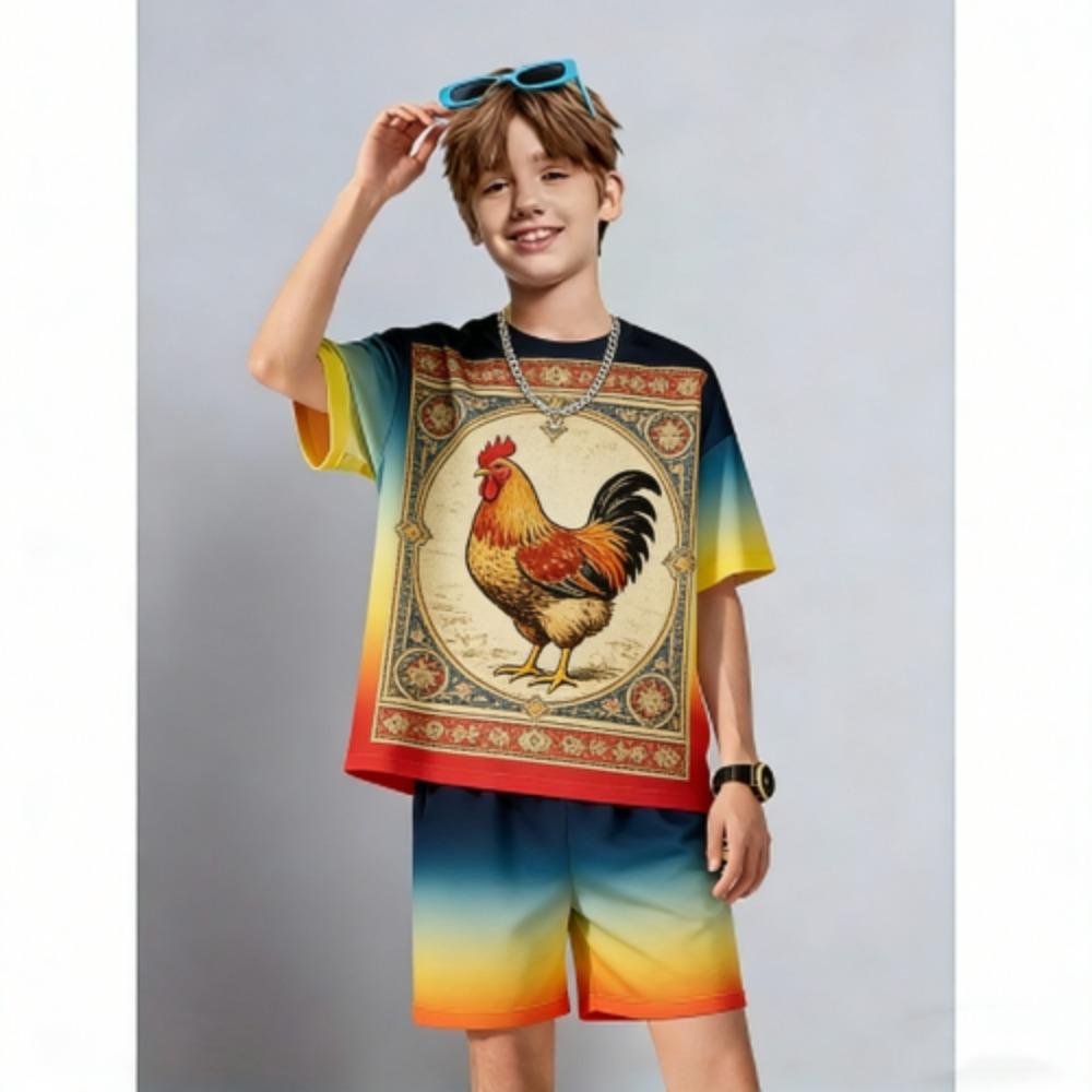 Summer Kids Set Cartoon Chicken Printed Kids T-shirt and Shorts 2 Piece Set Summer Casual Outdoor Boys and Girls Outfit Kids Clothing 100