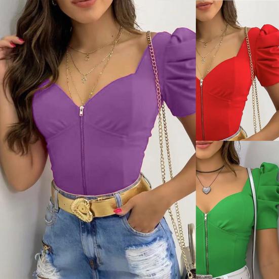Kadın Üst U Yaka Puf Kol Seksi Düz Renk Fermuarlı Tişört Flört için