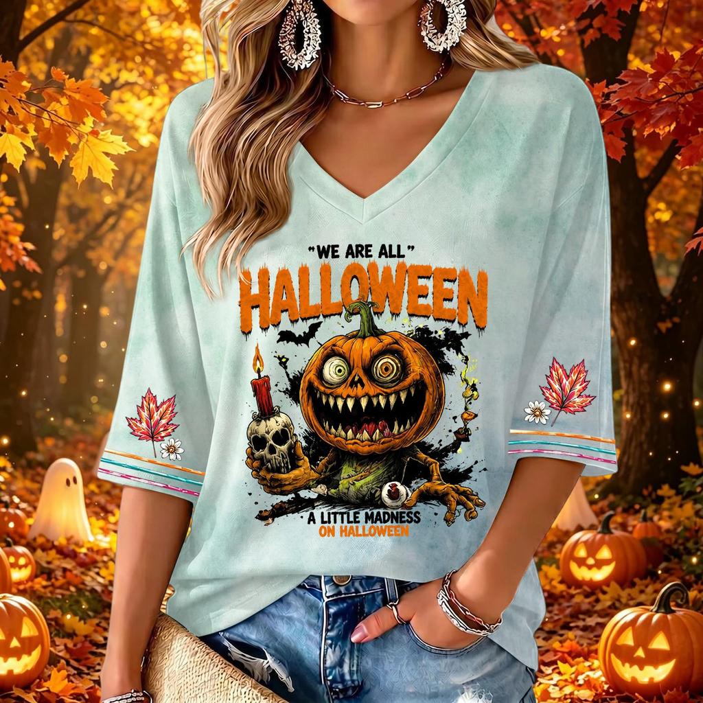 Women's V-Neck Three-Quarter Sleeve Casual Top with Halloween Print