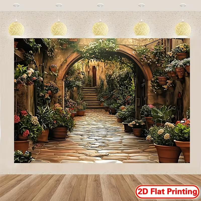 2D Mediterranean Flower Alley Backdrop Rustic Stone Path Photo Booth Background