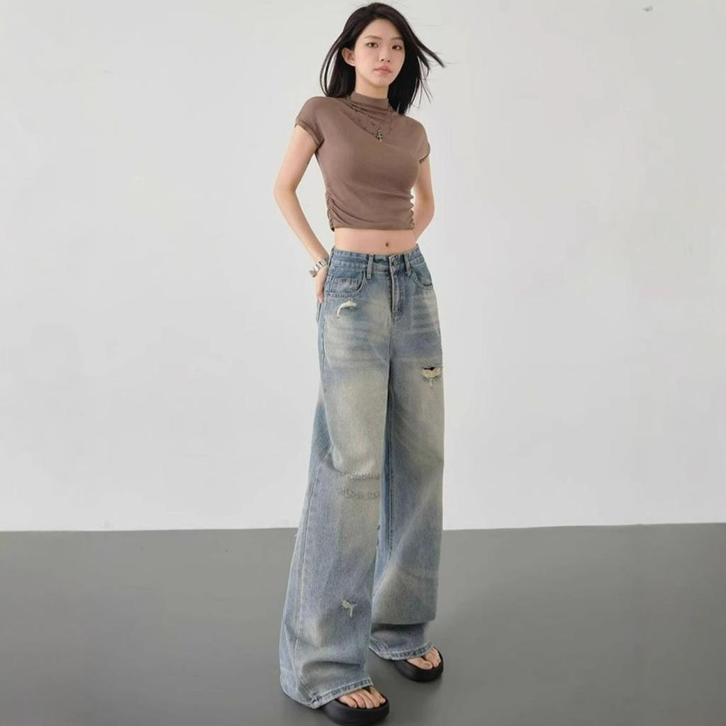 Comfortable High-waisted Broken Holes Jeans Female Annual High Street Small Loose Thin Wide-legged Straight Trousers Jeans for Women Long Denim Pants