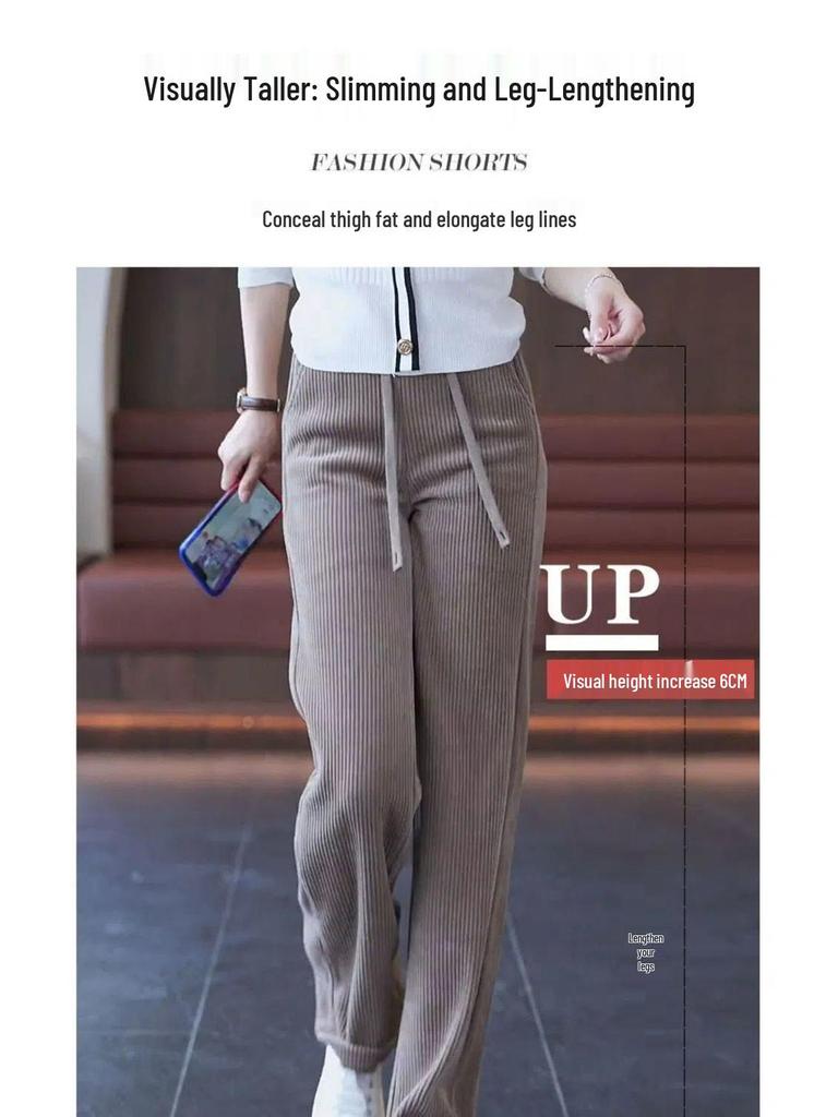 Women's Black Corduroy Wide-Leg Pants with Fleece Lining for Autumn/Winter 2025