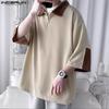INCERUN Men Oversized Zipper Lapel Half Sleeve Loose Tops Summer Patchwork T-shirts