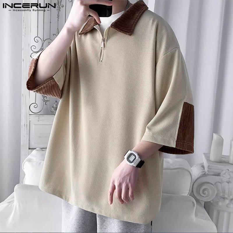 INCERUN Men Oversized Zipper Lapel Half Sleeve Loose Tops Summer Patchwork T-shirts