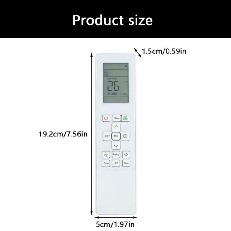 White RG15B Air Conditioner Remote for Compatible Export Models with LCD Setting View, English Controls, and Operation After Battery Installation