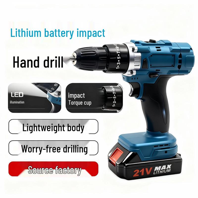 21V High-Power Brushed Lithium-Ion Hand Drill with Impact, Speed, & Three-Function Settings - Electric Drill Tool Set.