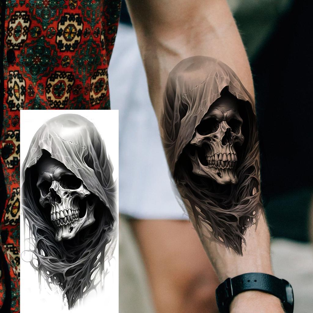 1 Blatt Gruseliger Sensenmann Totenkopf Temporäre Tattoos Halloween Tattoos Langlebig Wasserdicht Tiger Wolf Bestie Fake Tattoo Aufkleber