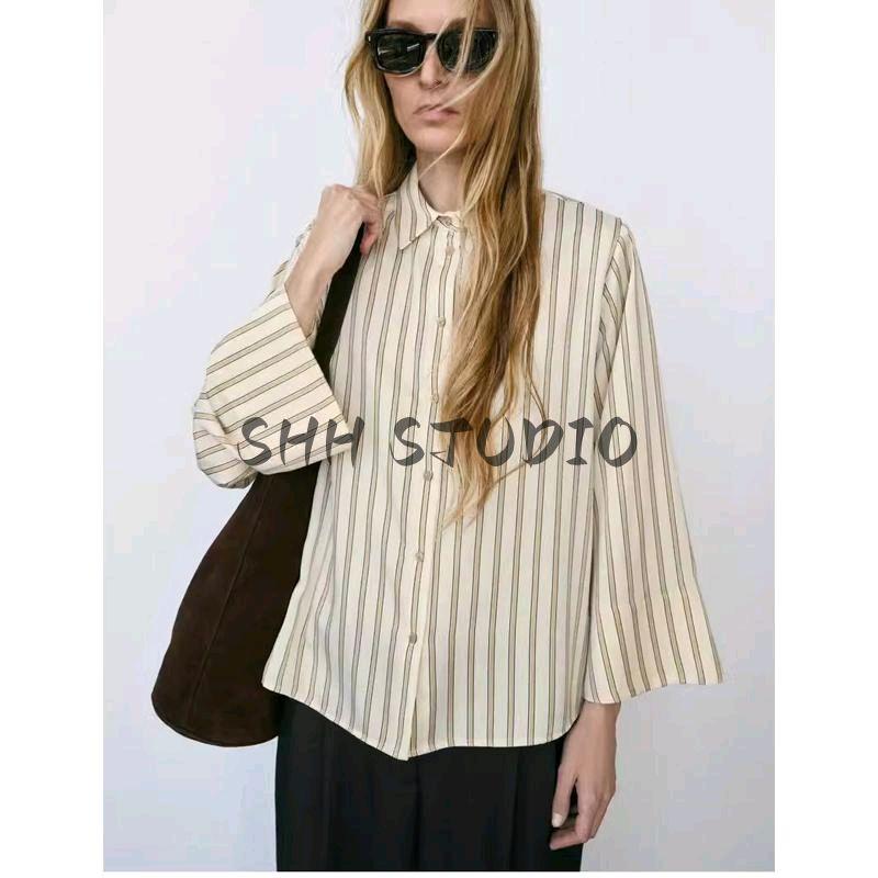 Spring New Women Clothes Lapel Vertical Temperament All-Match Wide Sleeve Stripe Shirts 7969022 7969021