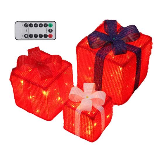 3 Stück Weihnachtsgeschenkboxen mit Beleuchtung und Schleife LED Leuchtende Geschenkboxen für Innen- und Außenbereich Zuhause Veranda Weihnachtsbaum Partydeko